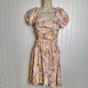 3rd+ Malt pink floral puff sleeve mini dress smocked back size medium G50